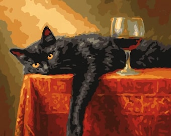 Paint By Number Black Cat With Wine Glass | Cozy Paint By Numbers For Adults | Relaxing DIY Cat Lover Art Kit
