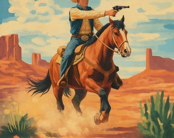 Könnte beinhalten: Illustration eines Cowboys auf einem braunen Pferd in einer Wüstenlandschaft. Der Cowboy, mit Hut, Weste und Jeans, zielt mit einer Pistole. Der Hintergrund zeigt Mesas, einen blauen Himmel und spärliche Vegetation.