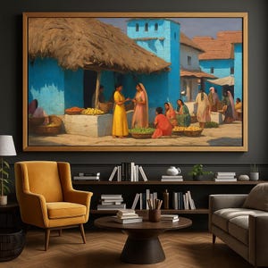 Indian Village Print Market Wall Art | Traditional Culture Decor | Large Framed Canvas Prints for Living Room or Office