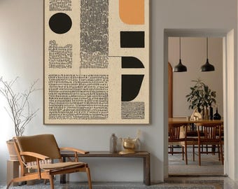 Large Modern Geometric Canvas Wall Art, Abstract Shapes Print in Orange Black Beige, Minimalist Mid Century Style Wall Decor for Living Room