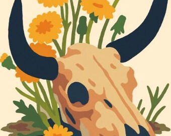 Paint By Number Skull With Flowers – Western Floral Paint By Numbers Kit For Adults, Boho Nature DIY Art