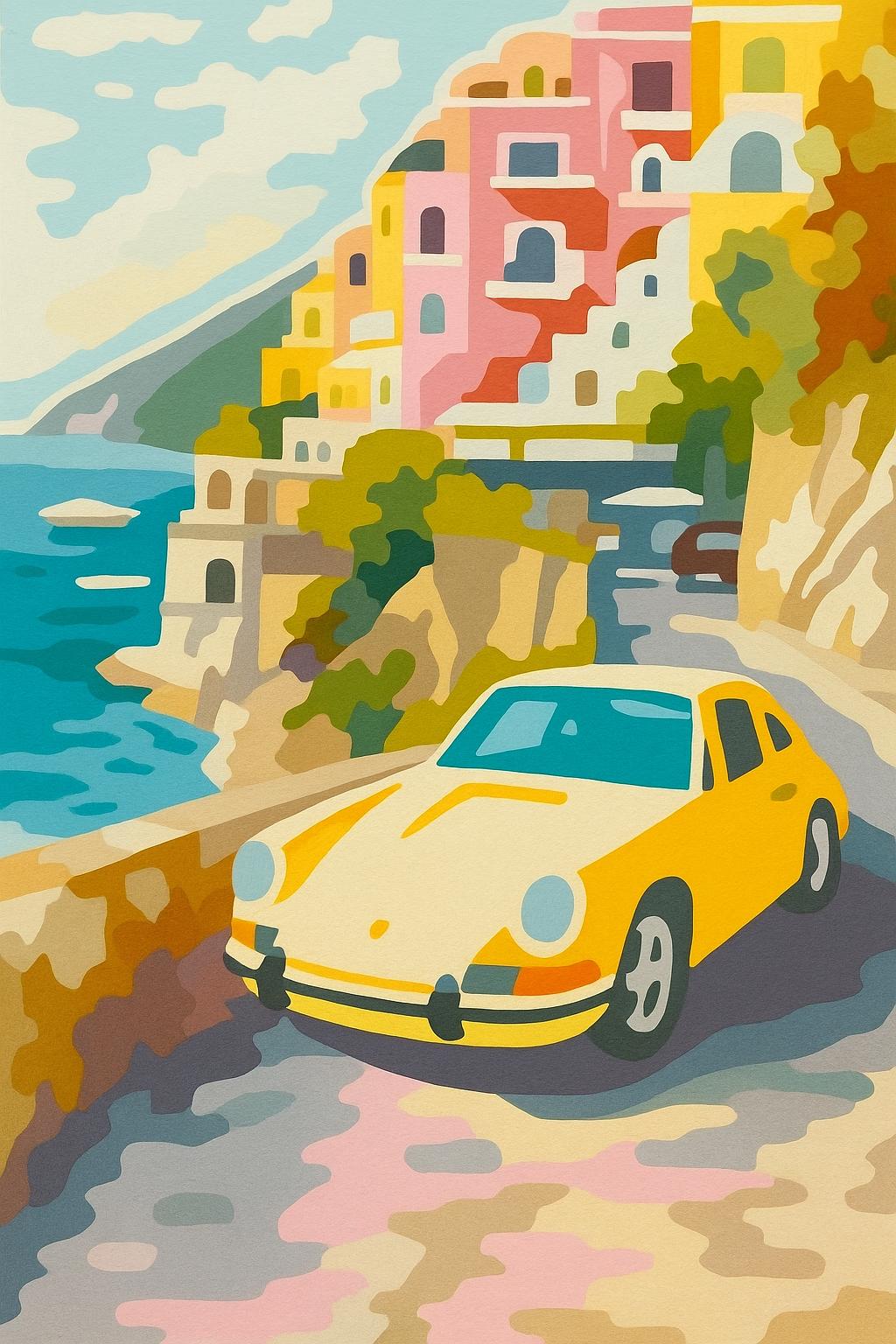 ビーチとクラシックカーのアート 黄色のクラシックカーと海辺の街を描いた、風光明媚な海岸沿いの