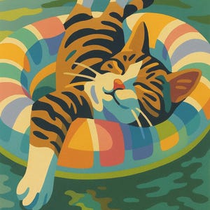 Peut inclure: Illustration colorée d'un chat flottant dans une piscine sur un anneau gonflable à rayures arc-en-ciel. Le chat a des rayures orange et noires et sourit. L'eau est de couleur sarcelle.