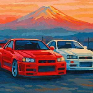 May include: A painting of two sports cars, one red and one white, parked in front of a mountain. The sky is a gradient of orange and yellow, and the mountain is a mix of orange, red, and white.