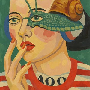 Op de afbeelding: Een kleurrijk schilderij van een persoon met een slakkenmasker. De persoon draagt een rood-wit gestreept shirt met het nummer "400". Het slakkenmasker is groen en bruin, de achtergrond is groen.