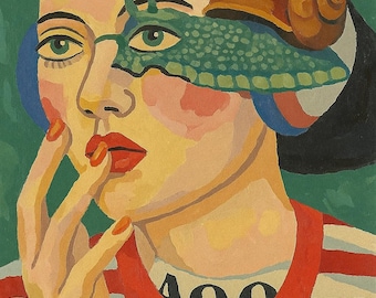 Surrealistisch vrouwenportret verf op nummer kit met slakkenmasker | DIY abstracte gezichtskunst canvas voor liefhebbers van modern interieur