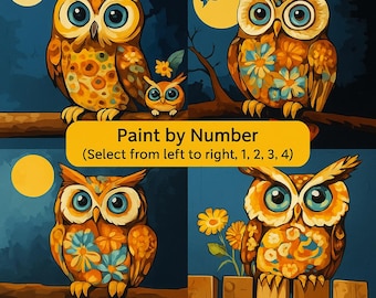 Kit de pintura de búhos por números: Familia de búhos colorida para pintar / Arte relajante para adultos y niños / Elige el diseño (1, 2, 3, 4)