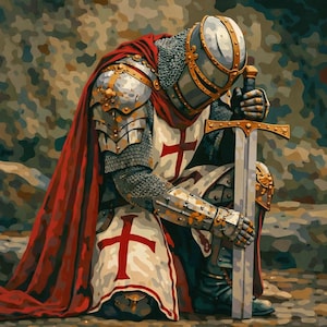 May include: A knight kneeling, clad in full armour, holding a sword. The knight's attire includes a red cape and a white tunic emblazoned with a red cross. The armour is silver and gold, with chainmail visible. The background is a blurred mix of browns and greens.