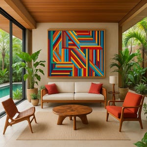 Puede incluir: Un salón moderno con una gran pintura abstracta colorida. La habitación cuenta con un sofá crema con cojines rojos, muebles de madera y plantas en macetas. Una gran ventana da a una piscina y vegetación tropical.