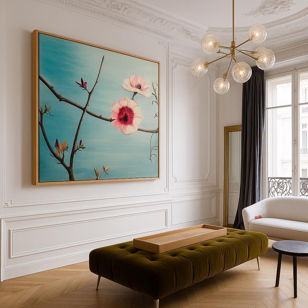 Cherry Blossom Branch Art Print – Pink Flower Canvas on Sky Blue ...