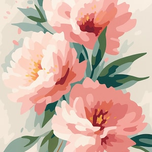 May include: Digital illustration of three large pink peony flowers with green leaves against a light background. The flowers have multiple layers of petals in shades of pink and peach, with yellow centres.