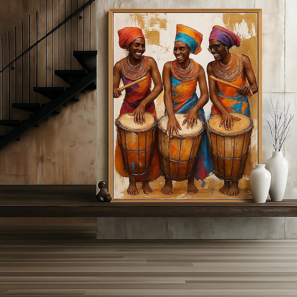 African Drummers Painting Colorful and Energetic Wall Decoration Ethnic Home Decor Large African Wall Art African Culture Dance Gift Art