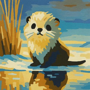 Op de afbeelding: Een schilderij van een schattige otter die bij water zit. De otter heeft een lichtbruin en wit gezicht met zwarte ogen en snorharen. Het water weerspiegelt de otter en de geel en blauwe lucht. Lang geel gras staat links.