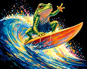 Schilderen op nummer Surfing Frog – Grappige dieren oceaankunstkit voor volwassenen beginners Heldere doe-het-zelfschilderij