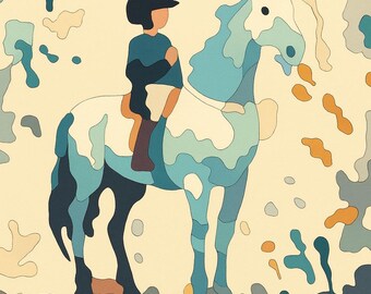 Könnte beinhalten: Abstrakte Illustration einer Person, die ein Pferd reitet. Pferd und Reiter sind in einem Mosaikstil mit Blau-, Weiß- und Brauntönen vor einem beigen Hintergrund dargestellt. Der Reiter trägt einen schwarzen Helm und blaue Kleidung.