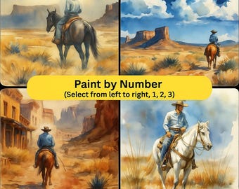 Könnte beinhalten: Ein Malen-nach-Zahlen-Set mit vier Aquarell-Illustrationen von Cowboys auf Pferden in Wüstenlandschaften. Die Bilder zeigen Reiter in blauen Hemden und Hüten auf braunen, schwarzen und weißen Pferden vor Felsformationen und staubigen Pfaden.