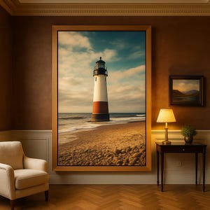 Lighthouse Long Narrow Wall Art - Red Lighthouse Print - Lighthouse Coastal Canvas Art  - Coastal Lighthouse Print