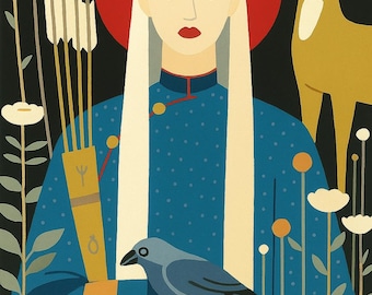 Kit de pintura por números de mujer arquera mística con ciervo y cuervo, juego de pintura de fantasía folclórica espiritual para adultos y soñadores.
