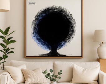 以下が含まれることがあります： 黒と青の円形デザインが特徴的な抽象芸術作品。木を連想させるデザインです。木製のフレームに額装され、白いソファの上に飾られています。「finbitatity」の文字が左上に表示されています。