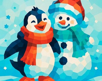 Paint By Number Penguin & Snowman – Cute Winter Friends DIY Painting Kit For Adults, Holiday Wall Art