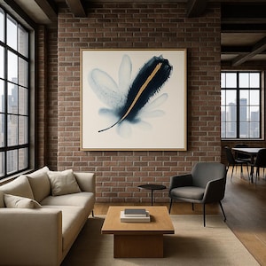 Minimalistisk abstrakt modern väggkonst med blommor - Minimalistisk blå och guld modern tavla med ram – Elegant inredning för loft, vardagsrum