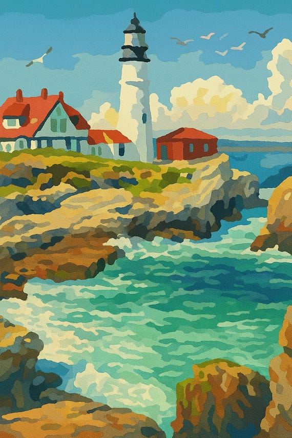 絵画　海　灯台 灯台の海岸風景の塗り絵キット - 海のDIYキャンバス - 海好きやビーチ