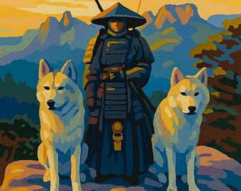 Samurai Warrior with Two White Wolves Paint by Numbers Kit – Epic Landscape DIY Canvas Painting Fantasy Gift for Adults