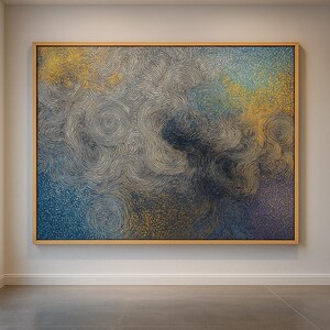 Celestial Currents Abstract Canvas Wall Art With Blue Gold Swirl Line Texture Design, Modern Atmospheric Painting