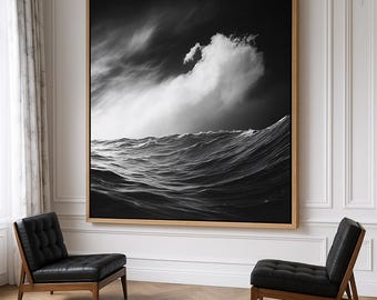 Black and White Ocean Canvas Print – Minimalist Monochrome Sea Wall Art – Modern Nautical Photography for Sophisticated Interiors