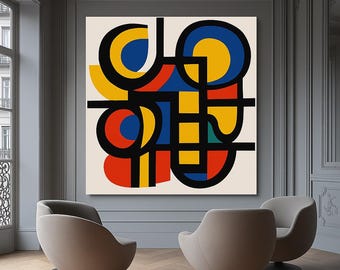 Nowoczesny wydruk artystyczny w stylu geometrycznym z połowy XX wieku – kolorowa sztuka ścienna inspirowana Bauhausem – płótno w stylu retro abstrakcyjnym do salonu lub biura