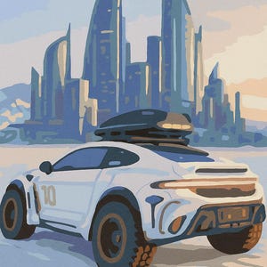 May include: Illustration of a white sports car with a black roof rack, set against a futuristic cityscape backdrop. The car has the number 10 on the side and is driving on a snowy surface. The sky is a mix of blue and orange.