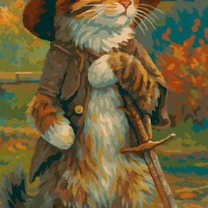 May include: An illustrated cat wearing a brown hat, coat, and boots, holding a sword. The cat has orange and white fur and is set against a backdrop of autumn colours. The image has a whimsical, storybook style.