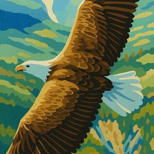 May include: A majestic bald eagle in flight, rendered in a stylized, painterly style. The eagle's wings are outstretched, showcasing brown and black feathers against a backdrop of blue sky and green and yellow landscape. The eagle's head is white and its beak is yellow.