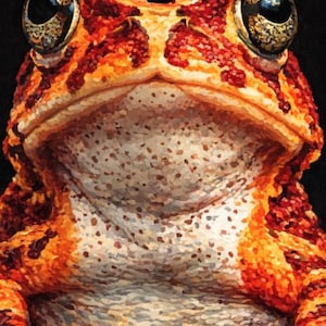 May include: Close-up of a frog's face, showcasing vibrant orange, red, and yellow hues. The frog has large, detailed eyes with golden irises and a speckled pattern on its skin. The background is a solid black.