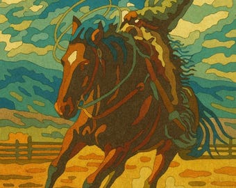 Könnte beinhalten: Farbenfrohe Illustration eines Cowboys auf einem Pferd beim Lasso-Werfen. Der Cowboy trägt einen Hut und ein grünes Hemd, vor dem Hintergrund eines blauen Himmels mit Wolken und einer gelb-orangen Landschaft. Das Pferd ist braun.