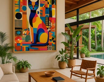 May include: A large framed artwork featuring a stylized cat in vibrant colors. The cat is depicted with geometric shapes in blue, yellow, orange, and pink. The artwork hangs on a neutral wall in a modern living room setting.