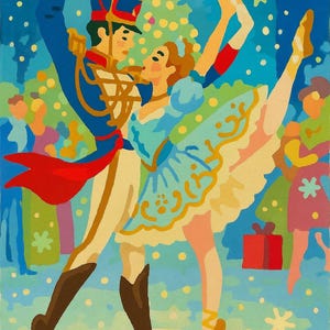 May include: A vibrant painting shows a ballet scene with a soldier and a ballerina dancing in front of a Christmas tree. The soldier is in a blue uniform with a red sash, and the ballerina wears a blue dress. The background is blue with stars.