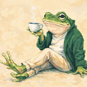 May include: Illustration of a green frog wearing a green jacket, white shirt, and beige trousers, holding a white coffee cup with steam rising. The frog is sitting with its legs crossed, against a light yellow background.