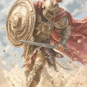 May include: An illustration of a warrior in ornate gold armor, a red cape, and a crested helmet, holding a sword and shield. The warrior is depicted in a dynamic pose, as if running or charging, with dust and debris around their feet.