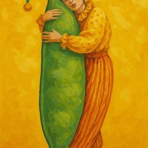 May include: An oil painting depicts a person in a jester's outfit embracing a large green pod. The jester wears a green hat with bells, a yellow shirt with polka dots, and orange striped pants. The background is a solid yellow.