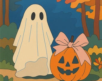 Cute Halloween Paint by Number Kit for Adults and Kids – DIY Ghost and Pumpkin Scene – Fun Spooky Season Painting Art for Fall Decor
