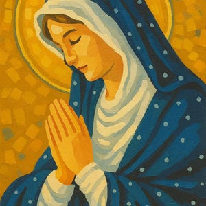 Może przedstawiać: Stylizowany obraz kobiety z niebieskim welonem w białe kropki i białą chustą na głowie. Modli się ze złożonymi dłońmi. Złota aureola otacza jej głowę na żółtym tle mozaiki.