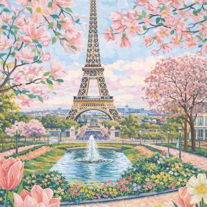 May include: A vibrant painting of the Eiffel Tower in Paris, France, surrounded by blooming pink cherry blossoms and colorful flowers. A fountain and manicured gardens are in the foreground, with a blue sky above.