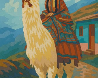 May include: A painting depicts a person riding a llama through a mountainous landscape. The person wears a long, patterned robe and has dark braids. The llama is cream-colored and wears a bridle. A small hat sits atop the llama's head.