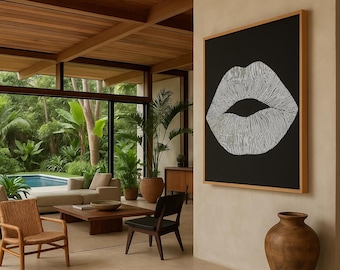 Impresión de arte de pared en blanco y negro de labios, impresión en lienzo de dibujo lineal minimalista, obra de arte abstracto de labios audaz para la decoración contemporánea de la sala de estar.