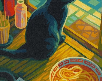 Cat and Noodles Paint by Numbers Kit – Cozy Kitchen Scene with Black Cat | DIY Canvas Painting