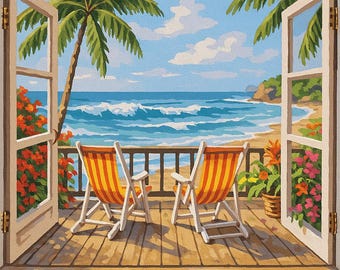 Paint by Number Tropical Ocean View – Relaxing Beach Balcony DIY Canvas Art | Coastal Seaside Painting Kit for Adults