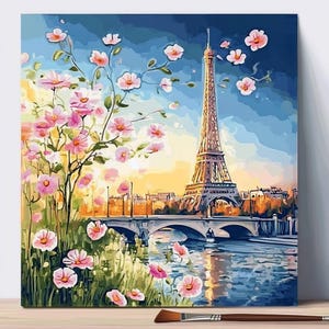 Eiffel Tower Paris Paint by Number Kit – Romantic DIY Painting for Adults | Pink Blossoms & Sunset River Scene | French Wall Art Gift