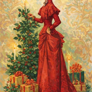 Könnte beinhalten: Illustration einer Frau in rotem Kleid und Hut, die einen Weihnachtsbaum mit Kerzen und Geschenken schmückt. Das Kunstwerk hat einen Vintage-Stil mit warmer Farbpalette und detaillierten floralen Mustern.