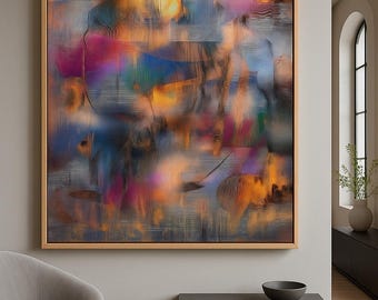 Puede incluir: Obra de arte abstracta enmarcada en madera. La pieza presenta una mezcla de colores, incluyendo azul, naranja, rosa y amarillo, con un efecto texturizado y borroso. La obra se exhibe en un espacio de vida moderno, con una silla gris y un mueble gris oscuro.